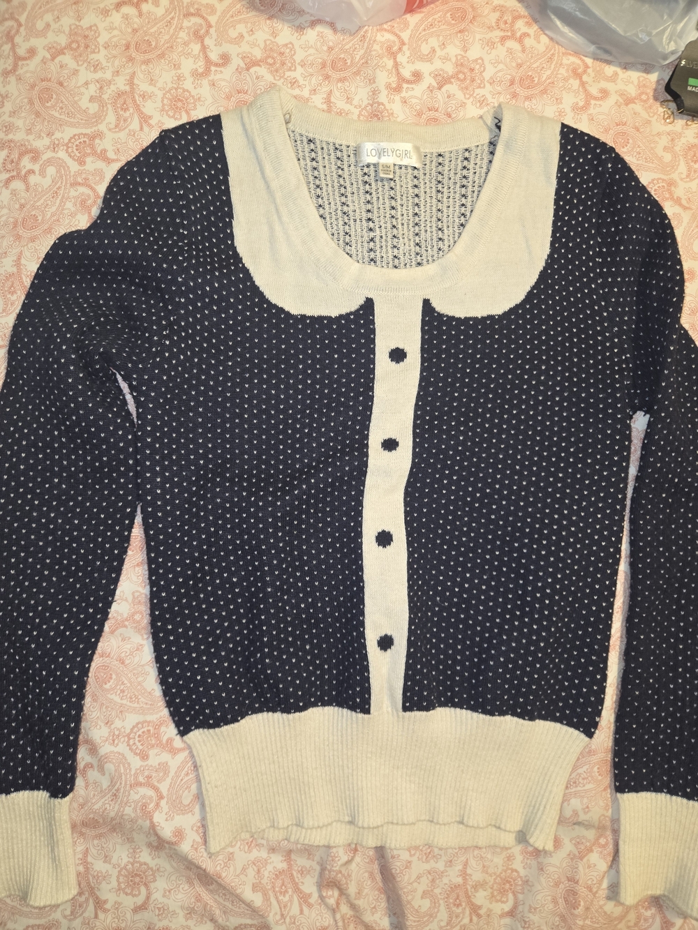 Lovely Girl Vintage  Navy V Print Sweater with Cream Trim